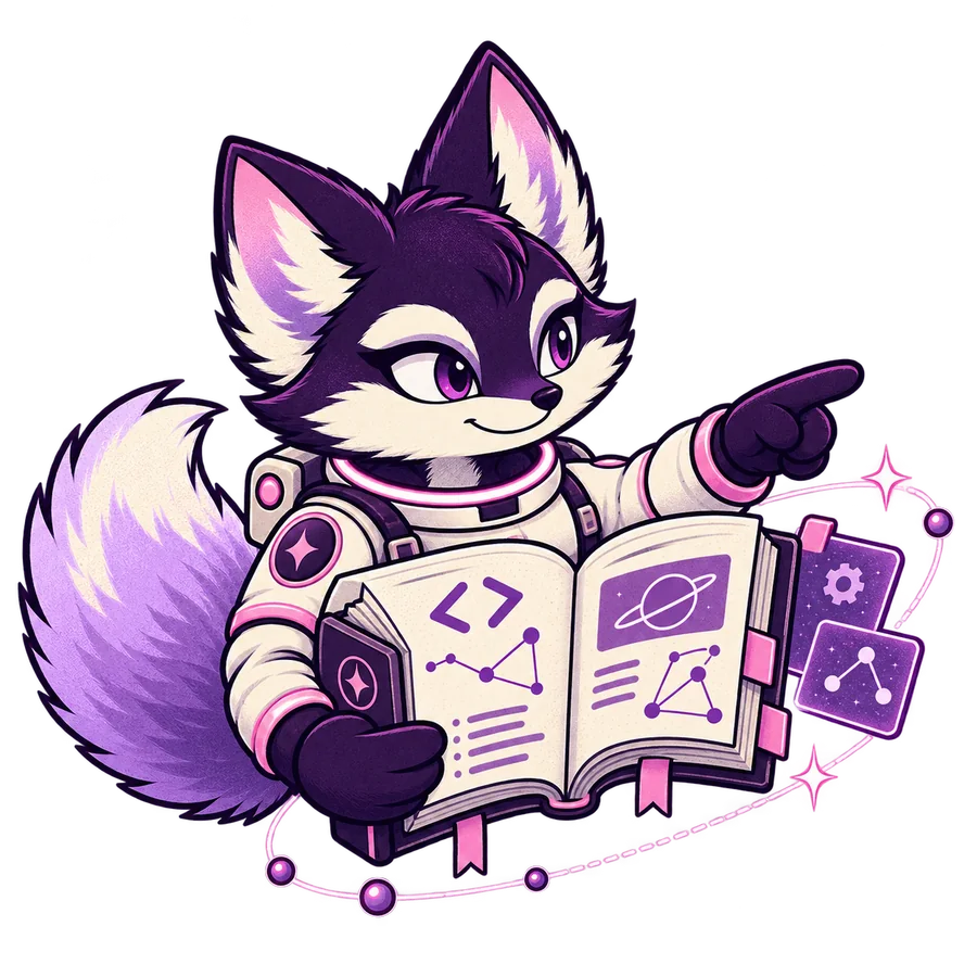Galabet fox guide holding an open technical manual and pointing toward the documentation