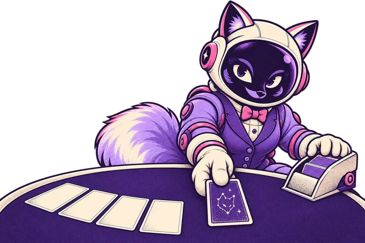 A seated fox dealer slides a card out of a dealing shoe.