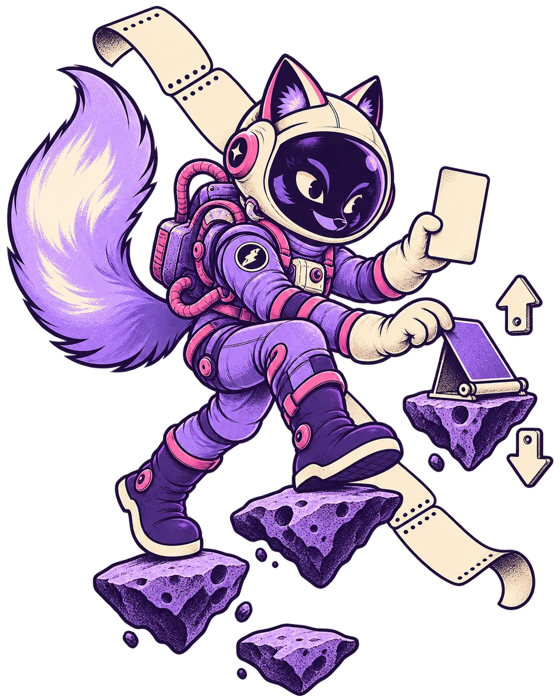 A fox courier reveals a card while stepping between orbital platforms.