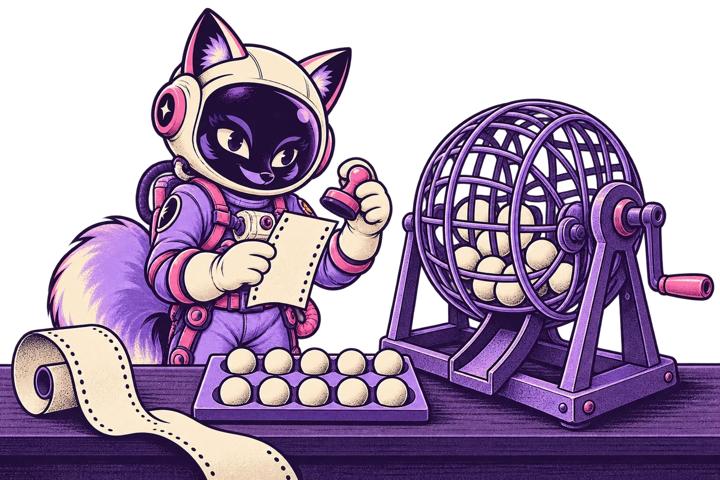 A fox archivist stamps a ticket beside a violet draw drum.