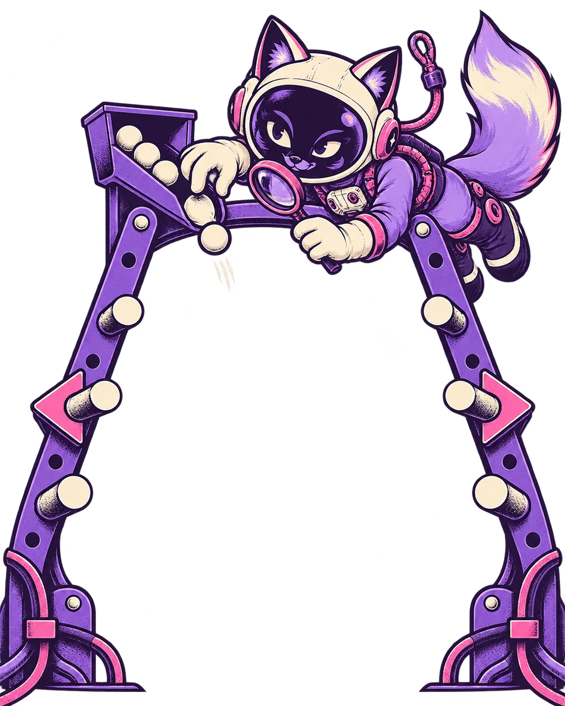 A tethered fox inspects the feeder of a triangular ball machine.