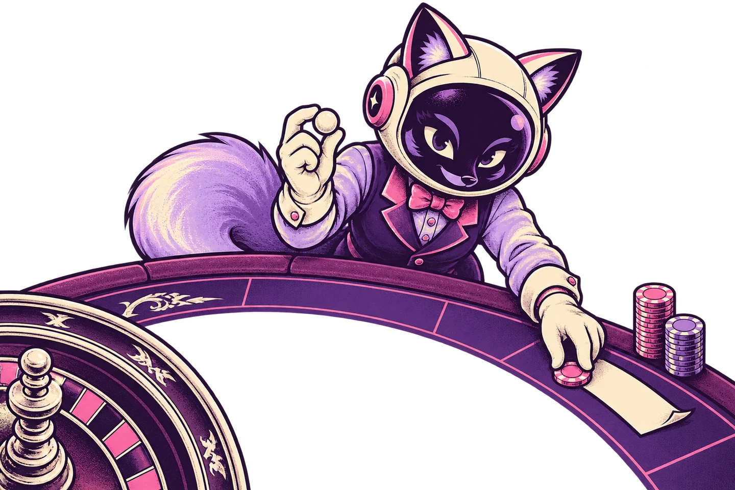 A fox croupier places a chip beside a result slip at a curved table.