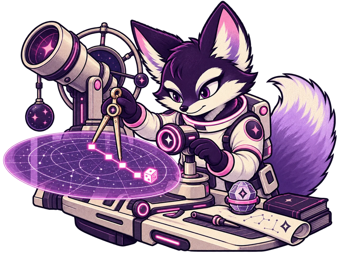 Galabet fox cartographer following a four-point byte chart through a transparent observatory instrument